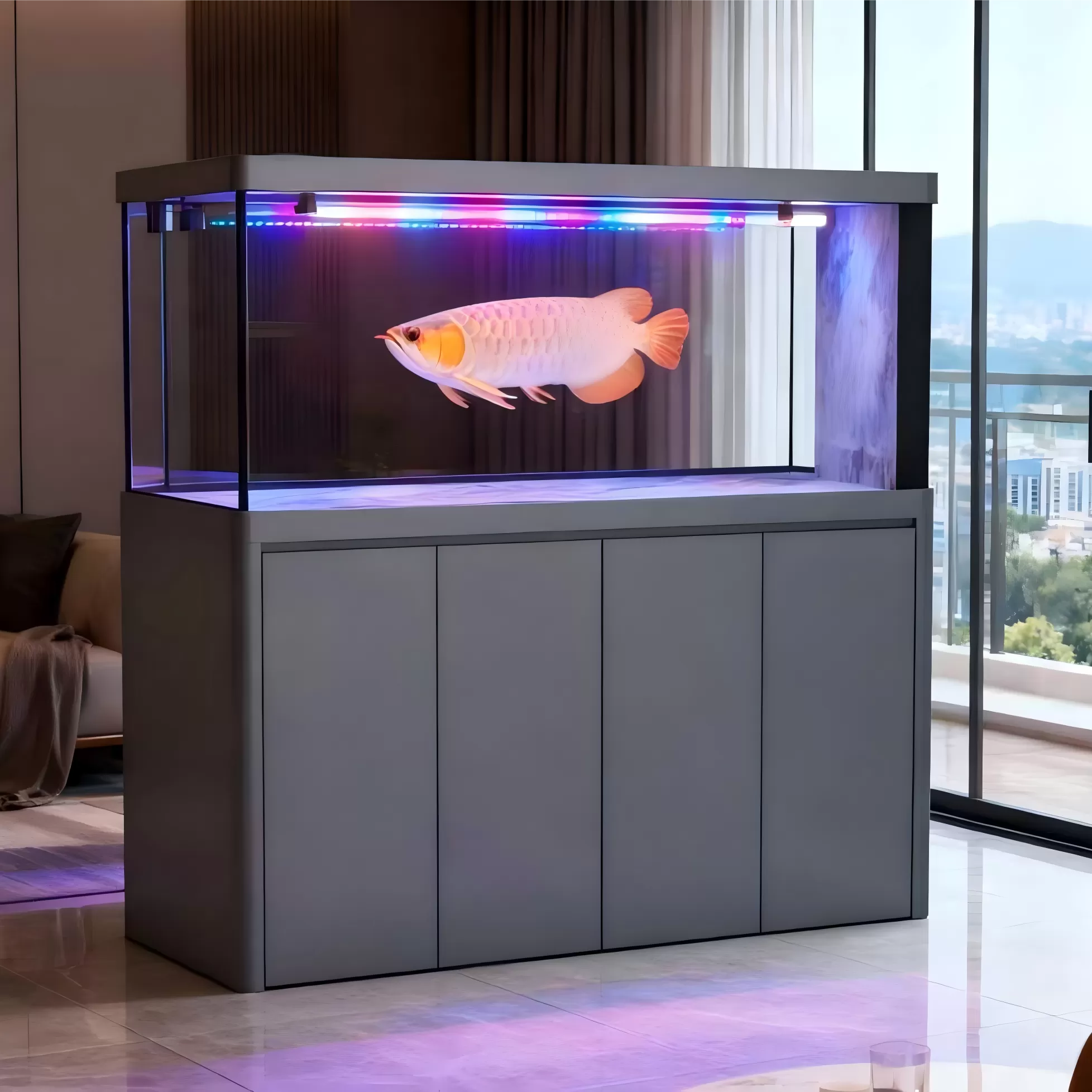 灰色极简四门底柜家用大型龙鱼缸定制