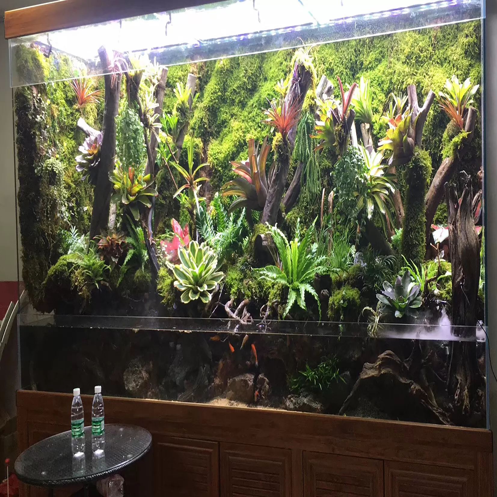 实木底柜双层水陆枯木雨淋景观鱼缸定制