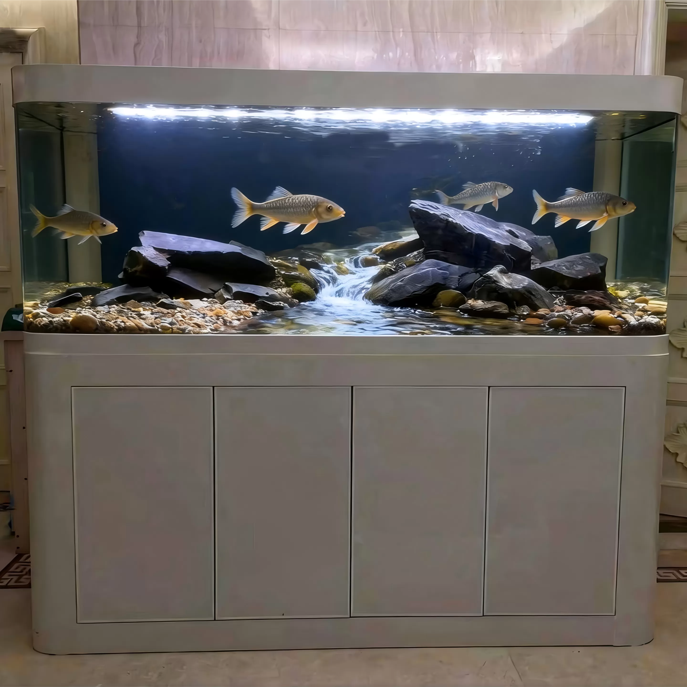 全包圆角四开门落地溪流造景弧形异形鱼缸定制