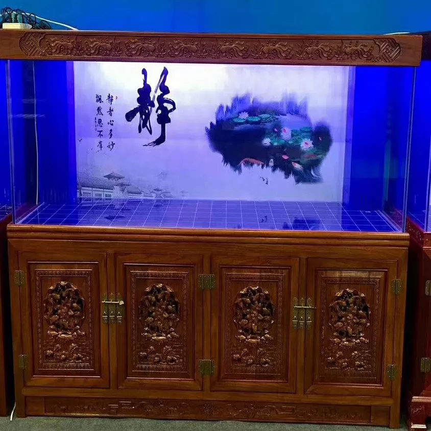 牡丹雕花实木四门中式水墨背景观赏鱼缸定制
