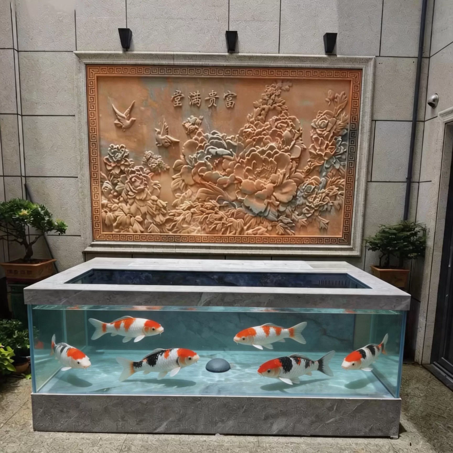 大理石岩板落地庭院锦鲤鱼观赏鱼缸定制