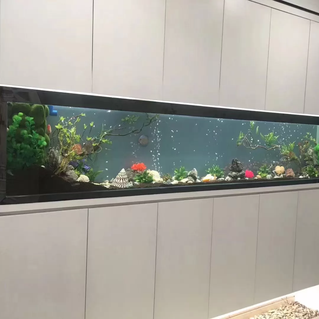 浅灰柜体三层一体嵌入式长款水草家居鱼缸定制