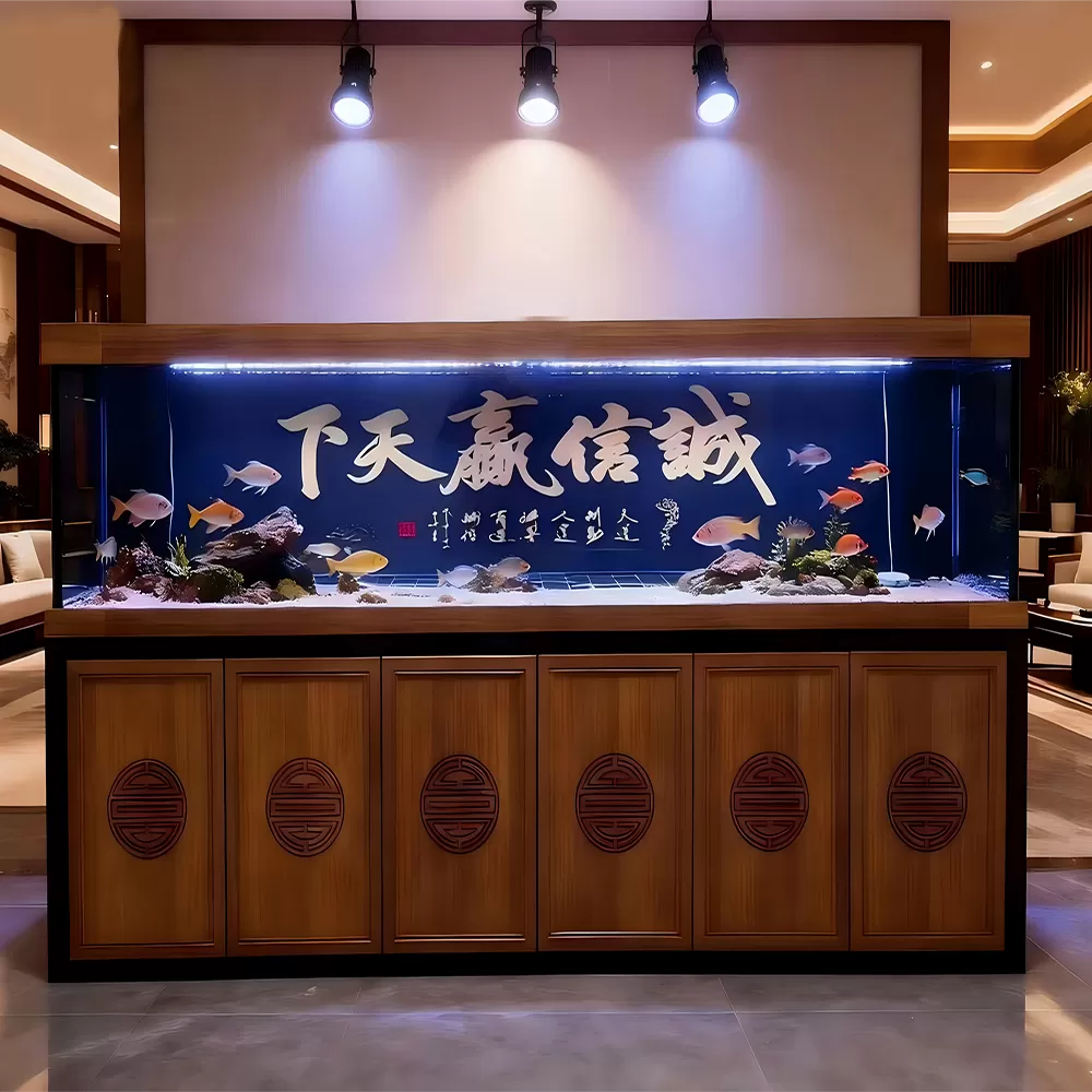 中式寿纹柜门背滤商务书法造景鱼缸定制