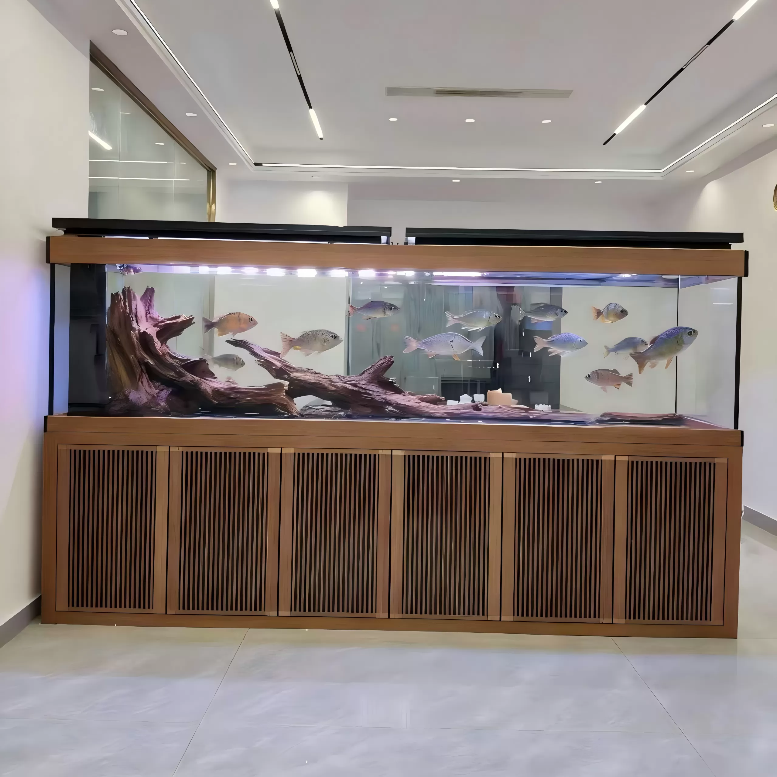 原木百叶柜门大型沉木造景观赏鱼缸定制